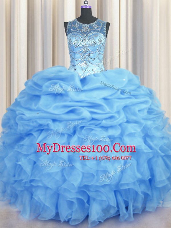 See Through Organza Sleeveless Floor Length 15 Quinceanera Dress and Beading and Ruffles and Pick Ups