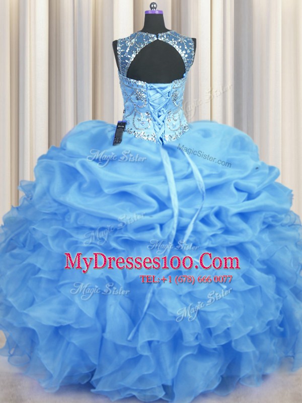 See Through Organza Sleeveless Floor Length 15 Quinceanera Dress and Beading and Ruffles and Pick Ups