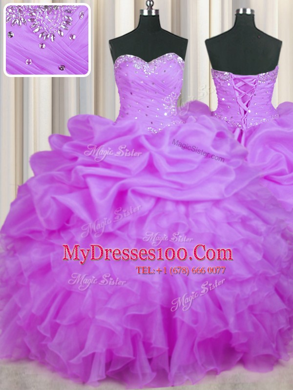 Glorious Purple Sleeveless Floor Length Beading and Ruffles and Pick Ups Lace Up Quince Ball Gowns