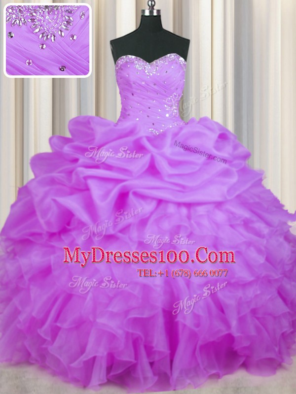 Glorious Purple Sleeveless Floor Length Beading and Ruffles and Pick Ups Lace Up Quince Ball Gowns