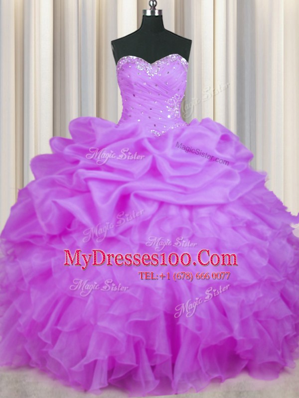 Glorious Purple Sleeveless Floor Length Beading and Ruffles and Pick Ups Lace Up Quince Ball Gowns