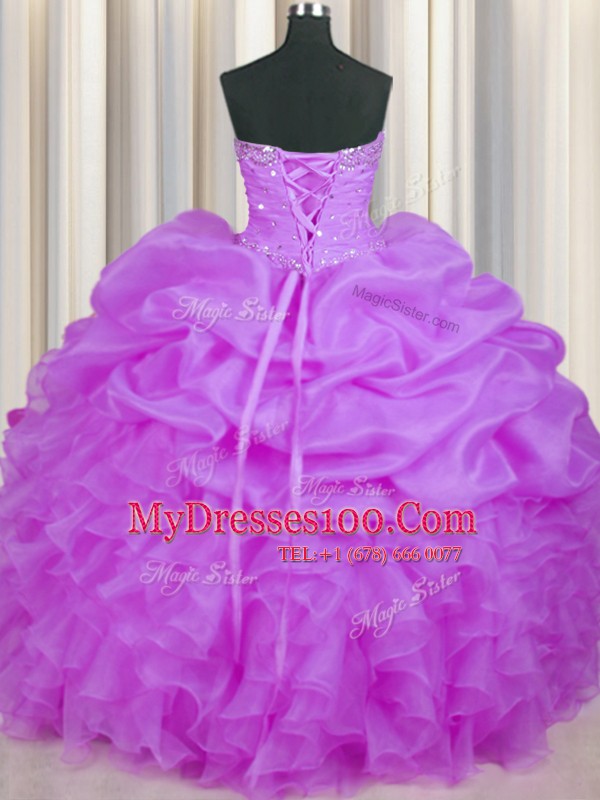 Glorious Purple Sleeveless Floor Length Beading and Ruffles and Pick Ups Lace Up Quince Ball Gowns