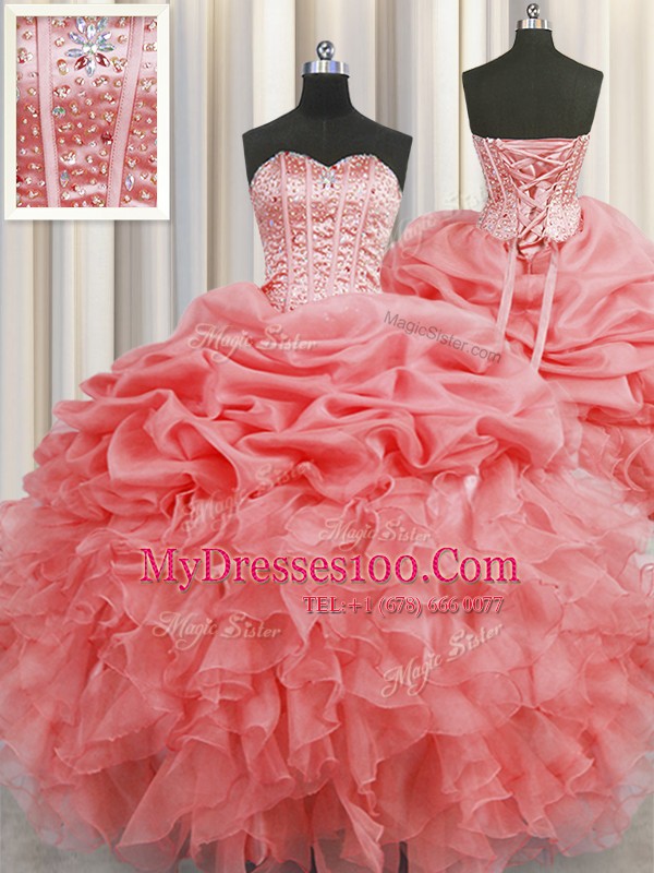 Sophisticated Visible Boning Sweetheart Sleeveless Organza Sweet 16 Quinceanera Dress Beading and Ruffles and Pick Ups Lace Up