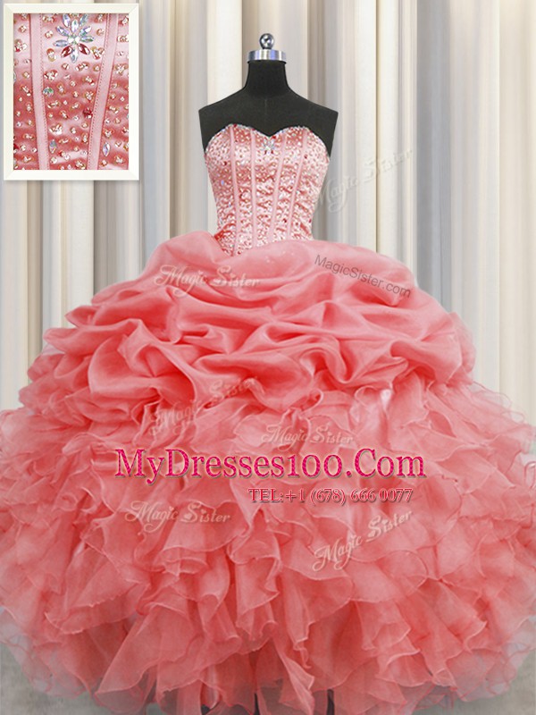 Sophisticated Visible Boning Sweetheart Sleeveless Organza Sweet 16 Quinceanera Dress Beading and Ruffles and Pick Ups Lace Up
