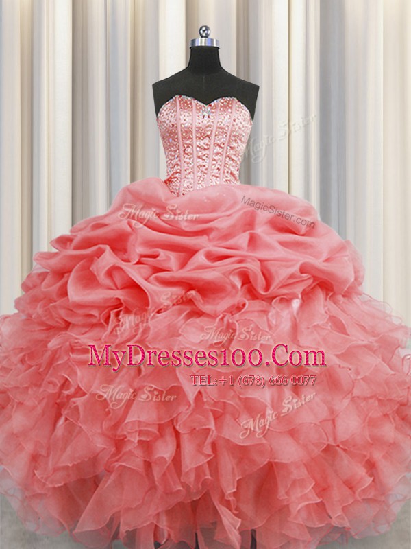 Sophisticated Visible Boning Sweetheart Sleeveless Organza Sweet 16 Quinceanera Dress Beading and Ruffles and Pick Ups Lace Up