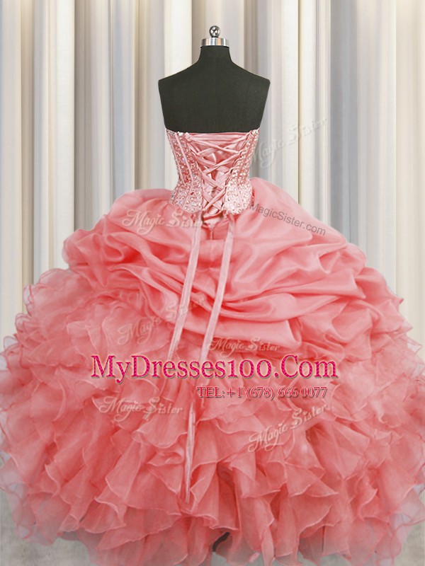 Sophisticated Visible Boning Sweetheart Sleeveless Organza Sweet 16 Quinceanera Dress Beading and Ruffles and Pick Ups Lace Up