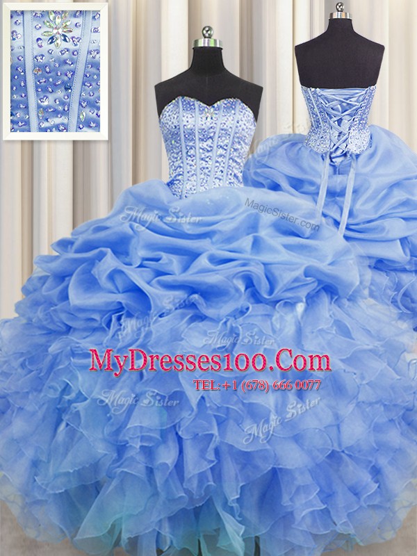 Lovely Pick Ups Visible Boning Floor Length Ball Gowns Sleeveless Blue Sweet 16 Quinceanera Dress Lace Up