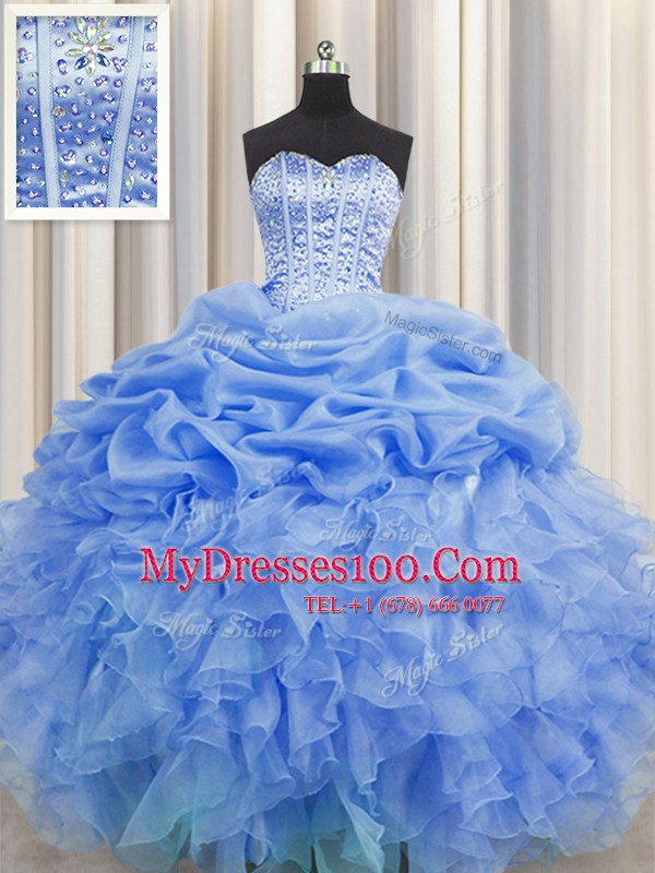 Lovely Pick Ups Visible Boning Floor Length Ball Gowns Sleeveless Blue Sweet 16 Quinceanera Dress Lace Up