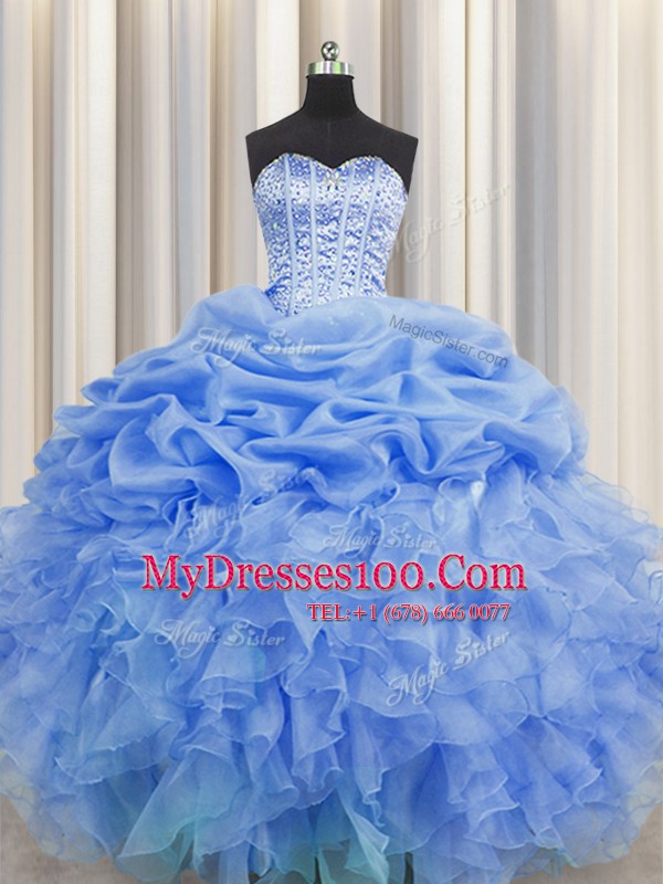 Lovely Pick Ups Visible Boning Floor Length Ball Gowns Sleeveless Blue Sweet 16 Quinceanera Dress Lace Up