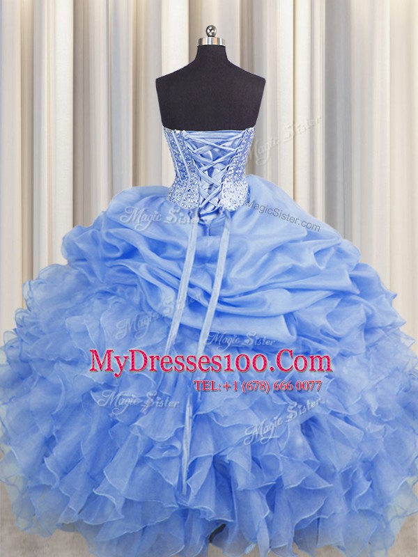 Lovely Pick Ups Visible Boning Floor Length Ball Gowns Sleeveless Blue Sweet 16 Quinceanera Dress Lace Up