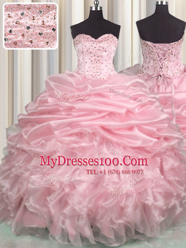 Graceful Baby Pink Ball Gowns Beading and Ruffles and Pick Ups Sweet 16 Dress Lace Up Organza Sleeveless With Train