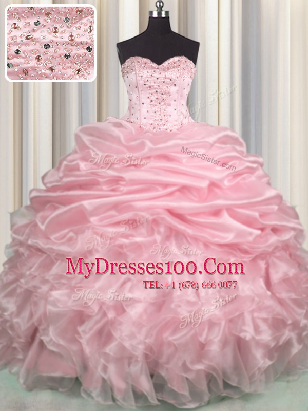 Graceful Baby Pink Ball Gowns Beading and Ruffles and Pick Ups Sweet 16 Dress Lace Up Organza Sleeveless With Train