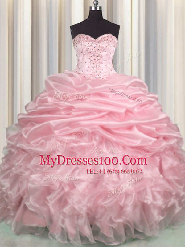 Graceful Baby Pink Ball Gowns Beading and Ruffles and Pick Ups Sweet 16 Dress Lace Up Organza Sleeveless With Train
