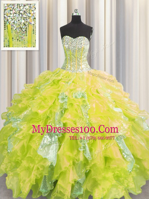 Visible Boning Yellow Sweetheart Neckline Beading and Ruffles and Sequins Vestidos de Quinceanera Sleeveless Lace Up