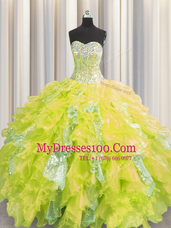 Visible Boning Yellow Sweetheart Neckline Beading and Ruffles and Sequins Vestidos de Quinceanera Sleeveless Lace Up