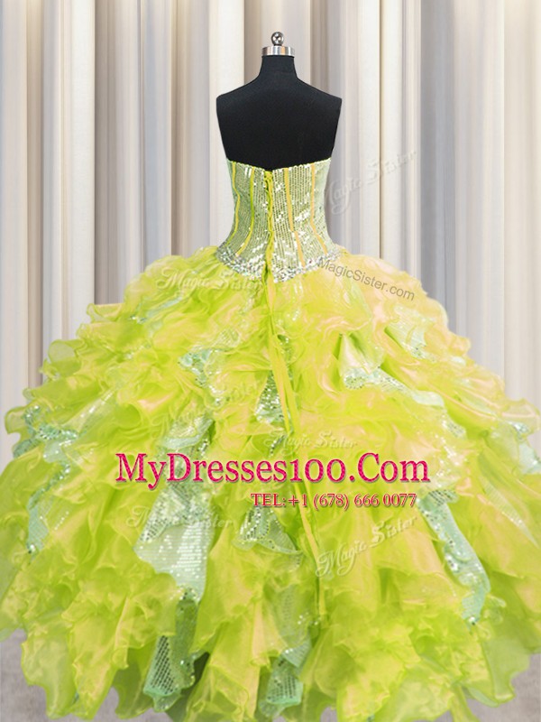 Visible Boning Yellow Sweetheart Neckline Beading and Ruffles and Sequins Vestidos de Quinceanera Sleeveless Lace Up