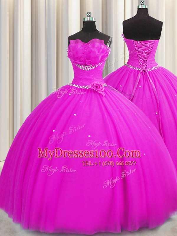 Fashionable Handcrafted Flower Sleeveless Lace Up Floor Length Beading and Sequins and Hand Made Flower Quinceanera Gowns