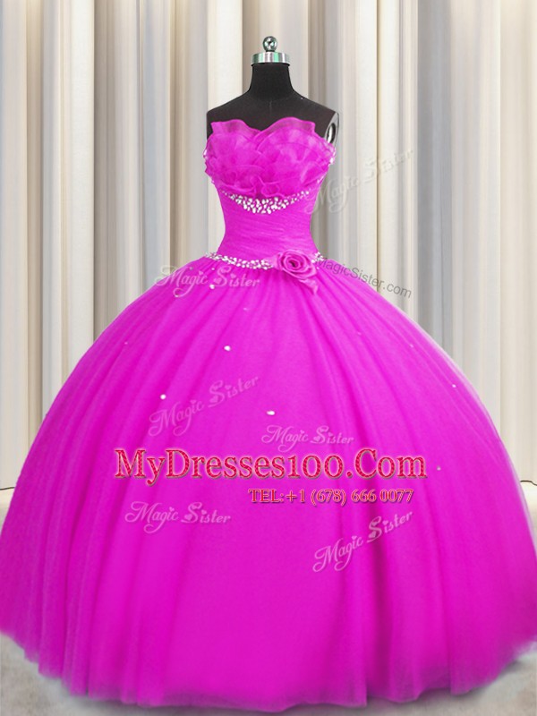 Fashionable Handcrafted Flower Sleeveless Lace Up Floor Length Beading and Sequins and Hand Made Flower Quinceanera Gowns