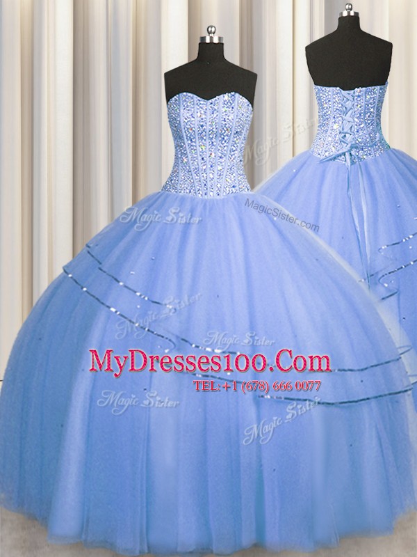 Visible Boning Big Puffy Sleeveless Floor Length Beading Lace Up Vestidos de Quinceanera with Blue