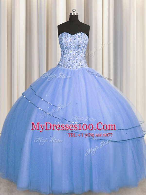 Visible Boning Big Puffy Sleeveless Floor Length Beading Lace Up Vestidos de Quinceanera with Blue