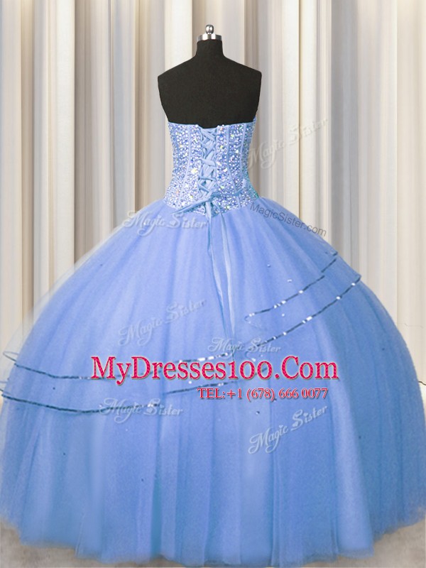 Visible Boning Big Puffy Sleeveless Floor Length Beading Lace Up Vestidos de Quinceanera with Blue