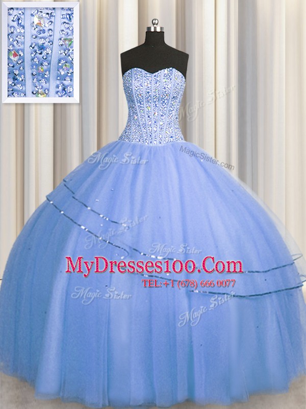 Visible Boning Big Puffy Sleeveless Floor Length Beading Lace Up Vestidos de Quinceanera with Blue