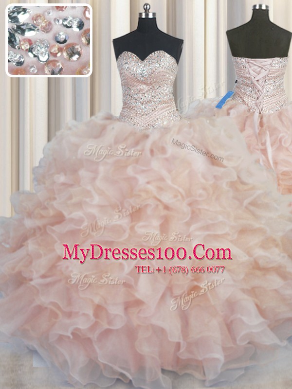 Ball Gowns Vestidos de Quinceanera Champagne Sweetheart Organza Sleeveless Floor Length Lace Up