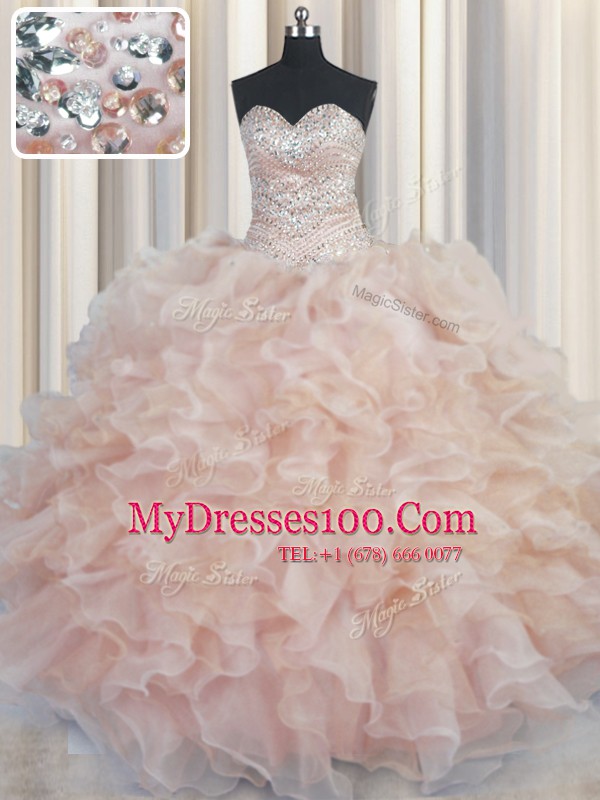 Ball Gowns Vestidos de Quinceanera Champagne Sweetheart Organza Sleeveless Floor Length Lace Up