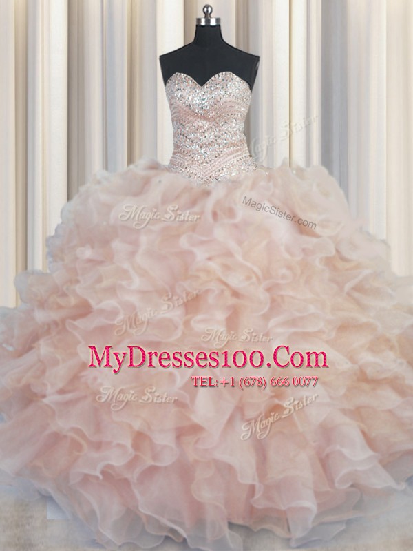 Ball Gowns Vestidos de Quinceanera Champagne Sweetheart Organza Sleeveless Floor Length Lace Up