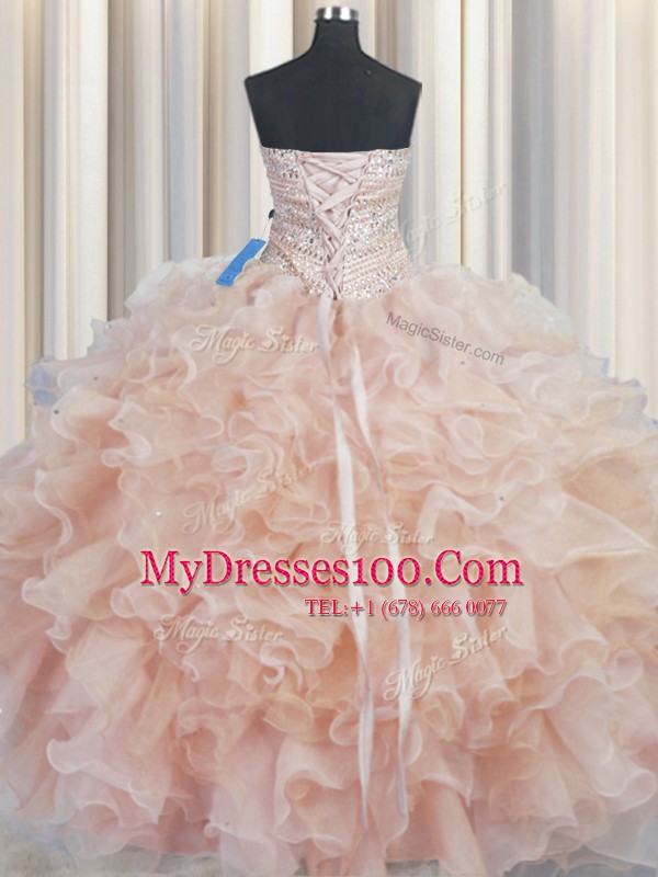 Ball Gowns Vestidos de Quinceanera Champagne Sweetheart Organza Sleeveless Floor Length Lace Up