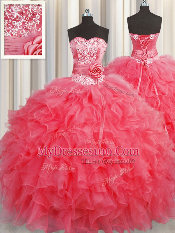 Handcrafted Flower Coral Red Vestidos de Quinceanera Military Ball and Sweet 16 and Quinceanera and For with Ruffles and Hand Made Flower Sweetheart Sleeveless Lace Up