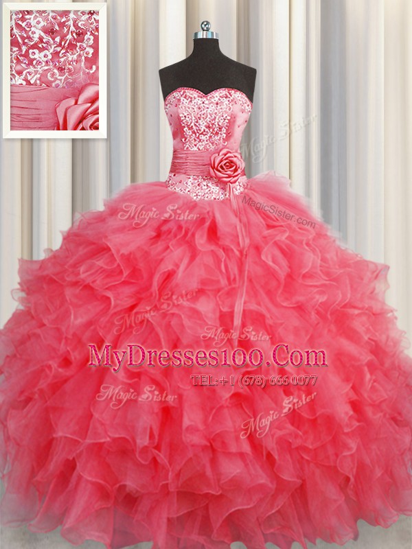 Handcrafted Flower Coral Red Vestidos de Quinceanera Military Ball and Sweet 16 and Quinceanera and For with Ruffles and Hand Made Flower Sweetheart Sleeveless Lace Up