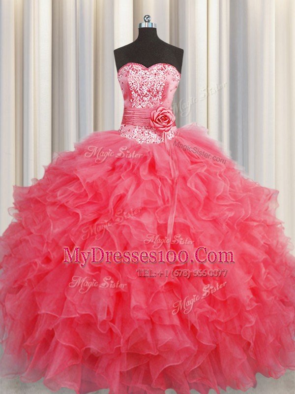 Handcrafted Flower Coral Red Vestidos de Quinceanera Military Ball and Sweet 16 and Quinceanera and For with Ruffles and Hand Made Flower Sweetheart Sleeveless Lace Up