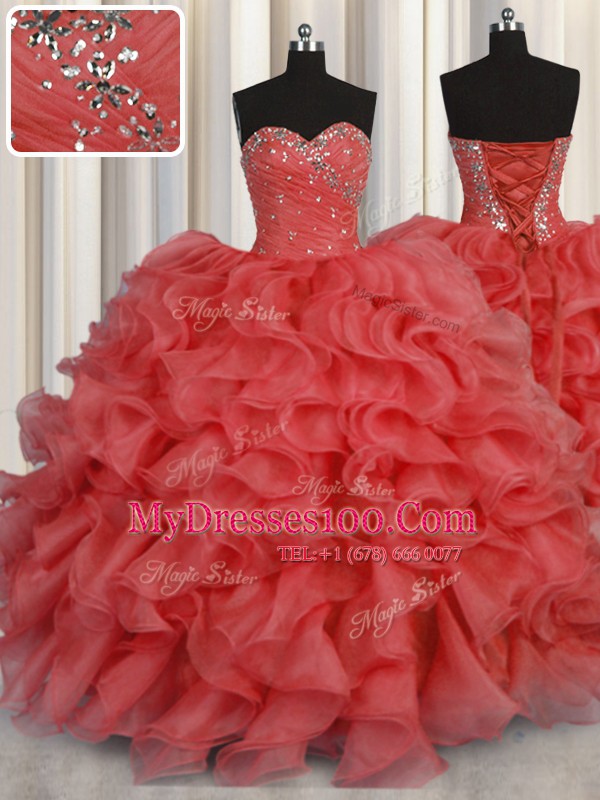 Coral Red Sweetheart Lace Up Beading and Ruffles Ball Gown Prom Dress Sleeveless