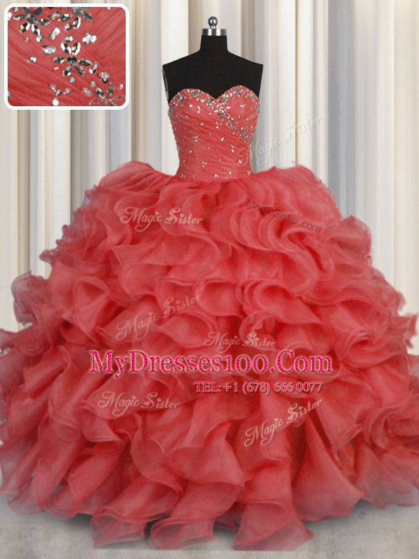 Coral Red Sweetheart Lace Up Beading and Ruffles Ball Gown Prom Dress Sleeveless