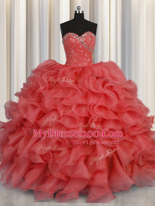 Coral Red Sweetheart Lace Up Beading and Ruffles Ball Gown Prom Dress Sleeveless