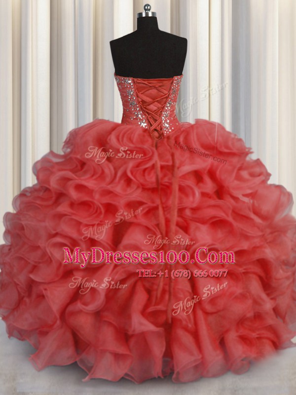 Coral Red Sweetheart Lace Up Beading and Ruffles Ball Gown Prom Dress Sleeveless