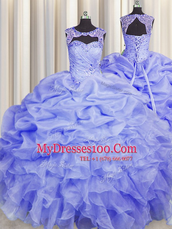 Scoop Sleeveless Organza Floor Length Lace Up Vestidos de Quinceanera in Blue with Beading and Pick Ups