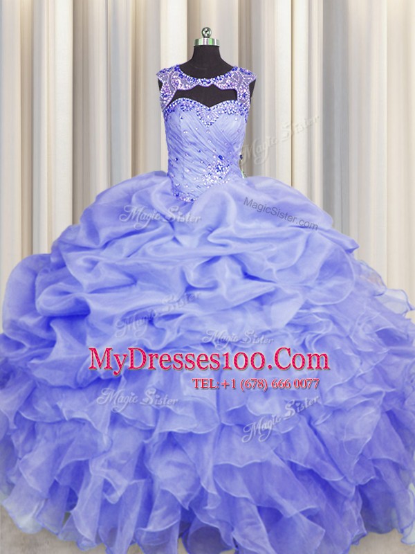 Scoop Sleeveless Organza Floor Length Lace Up Vestidos de Quinceanera in Blue with Beading and Pick Ups