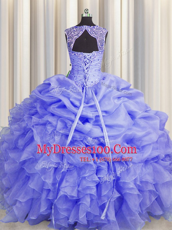Scoop Sleeveless Organza Floor Length Lace Up Vestidos de Quinceanera in Blue with Beading and Pick Ups