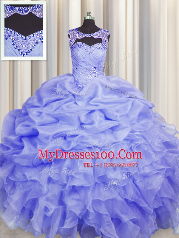 Scoop Sleeveless Organza Floor Length Lace Up Vestidos de Quinceanera in Blue with Beading and Pick Ups