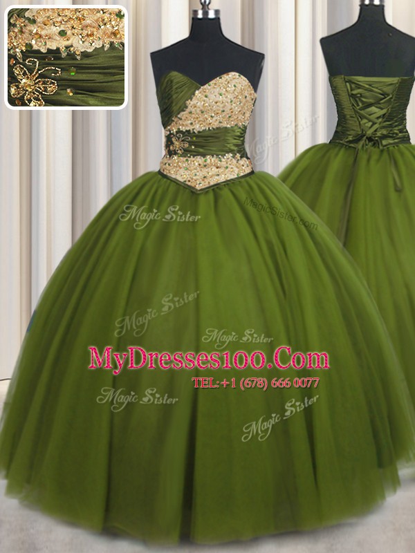 Wonderful Olive Green Tulle Lace Up Sweet 16 Dresses Sleeveless Floor Length Beading and Ruching and Belt