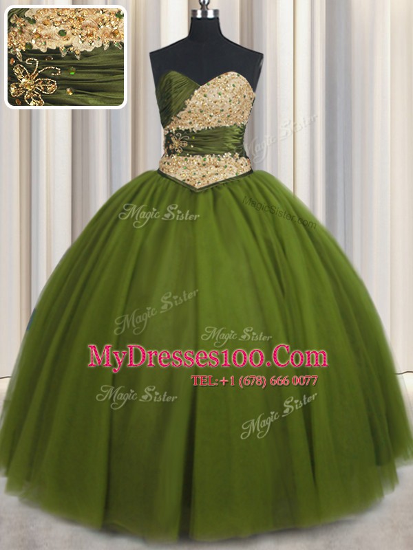Wonderful Olive Green Tulle Lace Up Sweet 16 Dresses Sleeveless Floor Length Beading and Ruching and Belt