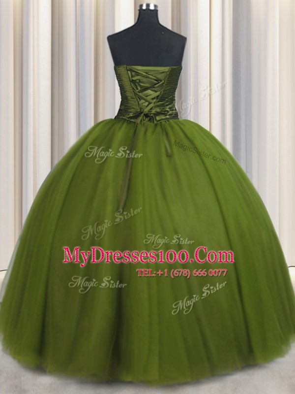 Wonderful Olive Green Tulle Lace Up Sweet 16 Dresses Sleeveless Floor Length Beading and Ruching and Belt