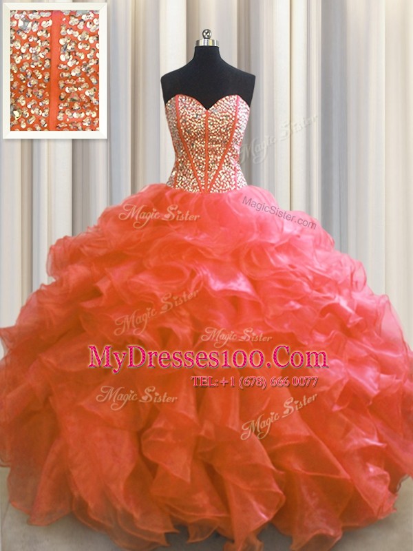 Visible Boning Red Lace Up Quince Ball Gowns Beading and Ruffles Sleeveless Floor Length