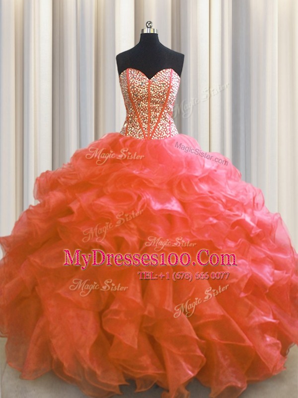 Visible Boning Red Lace Up Quince Ball Gowns Beading and Ruffles Sleeveless Floor Length