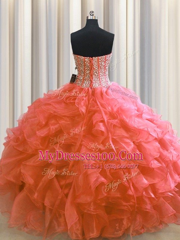 Visible Boning Red Lace Up Quince Ball Gowns Beading and Ruffles Sleeveless Floor Length