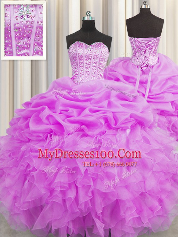 Visible Boning Floor Length Lilac Quinceanera Gowns Organza Sleeveless Beading and Ruffles and Pick Ups