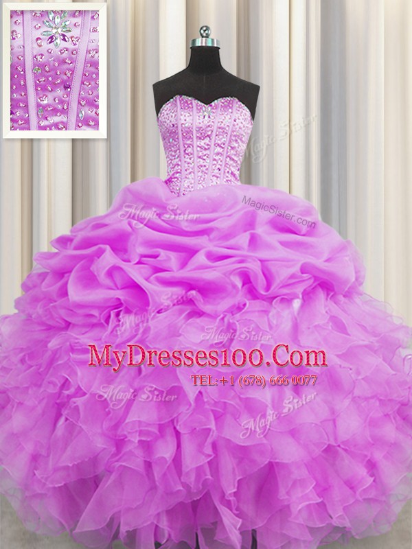 Visible Boning Floor Length Lilac Quinceanera Gowns Organza Sleeveless Beading and Ruffles and Pick Ups