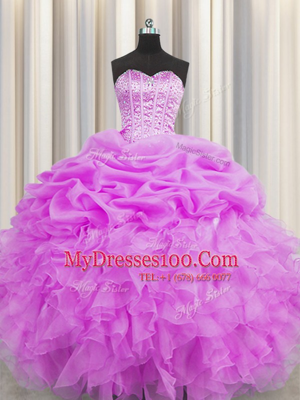 Visible Boning Floor Length Lilac Quinceanera Gowns Organza Sleeveless Beading and Ruffles and Pick Ups